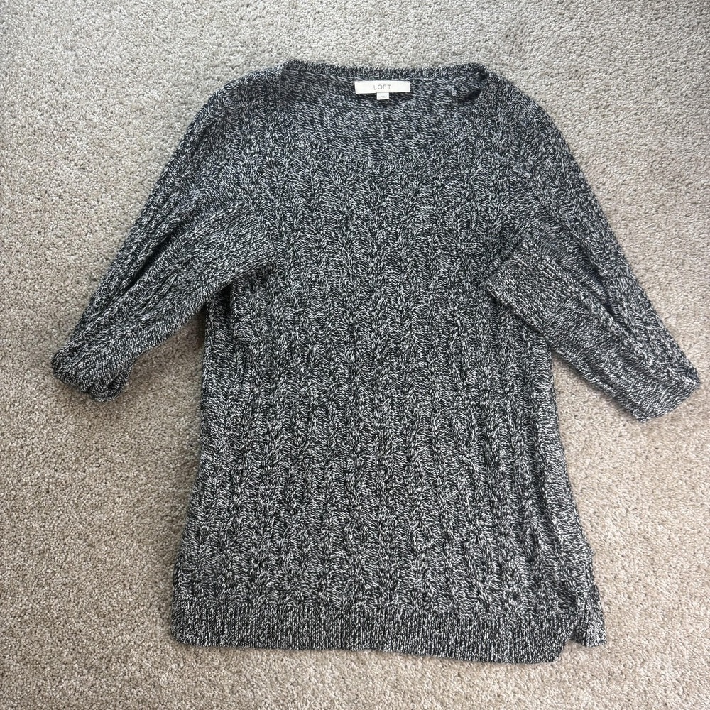 LOFT Sweater Womens Medium Gray Scoop Neck Tunic Tight-Knit Long Sleeve Pullover